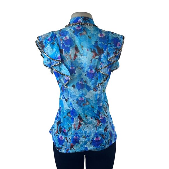 Justcavalli Womens Blue Cotton Printed Blouse Ruffled Sleeves & Leopard Trim 42 - Picture 3 of 9